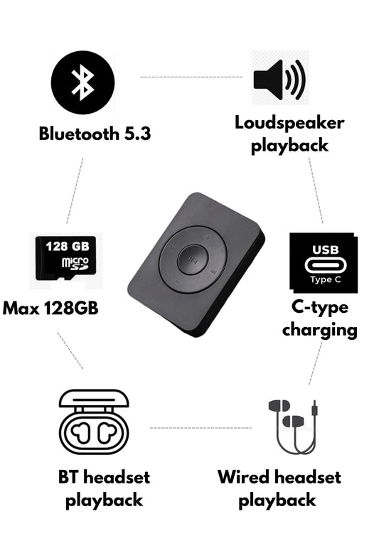 Xzor® Bluetooth Player - Built-in Speaker, Automatic Pairing MP3 Player - Black