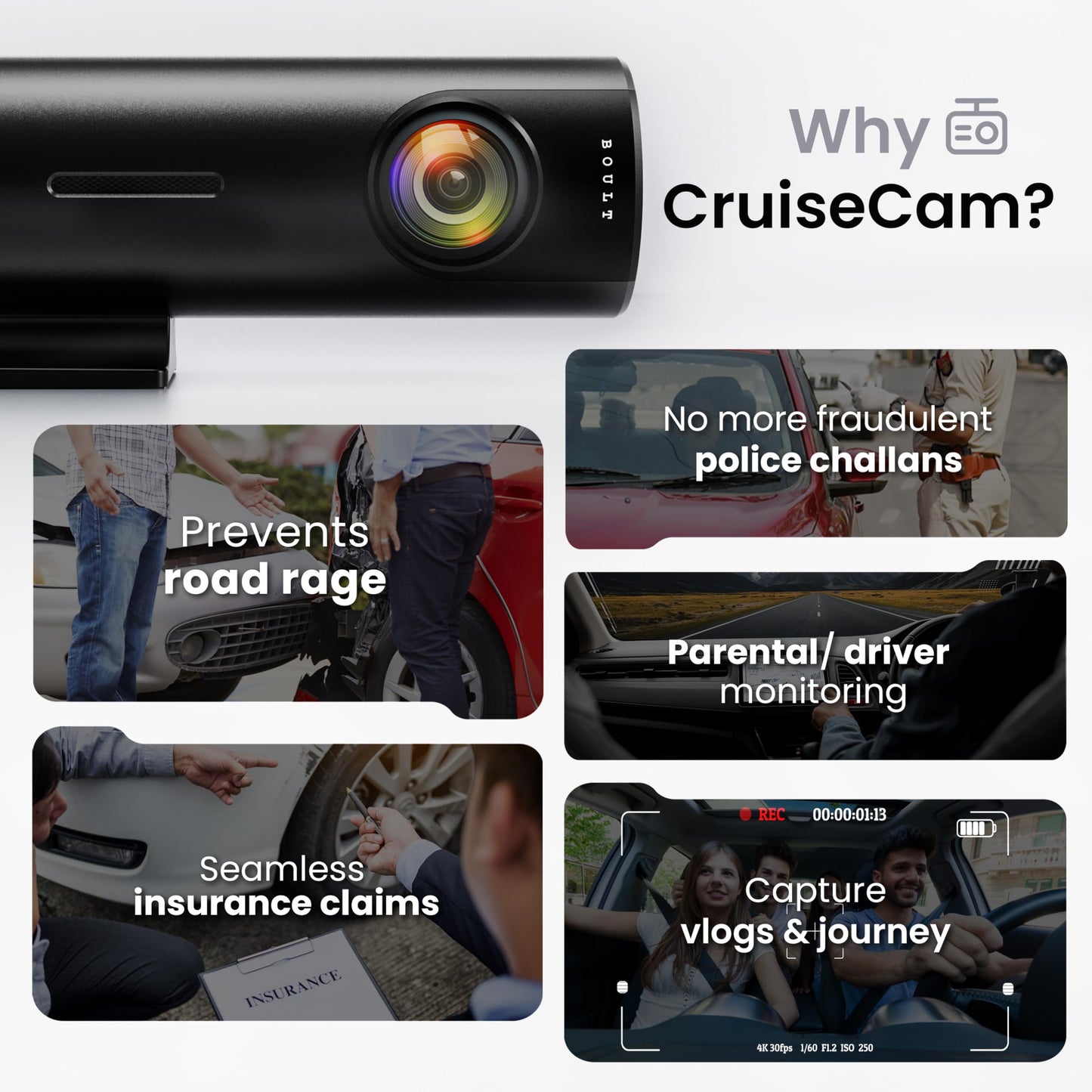 Boult Cruisecam X1 Dash Camera for Car | 1080p HD Recording | 170° Ultra-Wide Angle | 360° Rotation