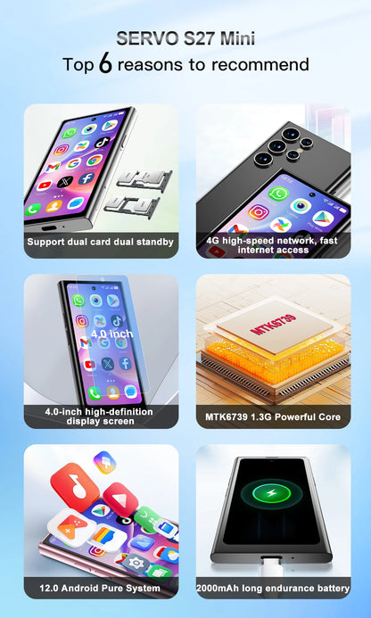 SERVO S27 Mini 4G Version Small Smartphone Android 12.0 OS ROM 16/64GB Google Play Face Unlock Compact Smart Phone Dual SIM Card